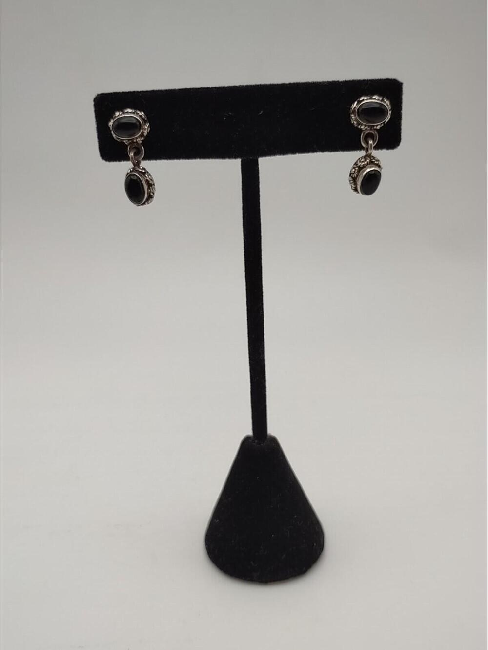 VTG 925 Sterling Silver Black Onyx Style Dangle Earrings